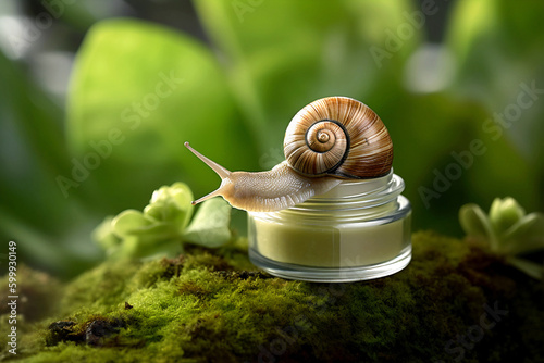 Snail and natural cosmetics surrounded by nature. Snail mucin. Snail slime. photo