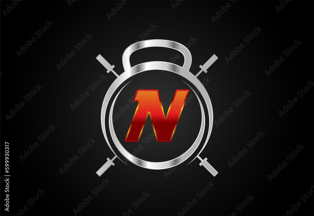 English alphabet N with gym and fitness sign. Lifting vector logo design. Vector logo for bodybuilding