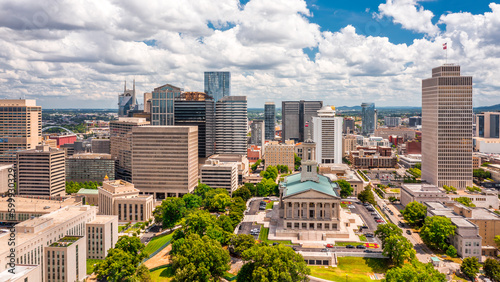 Aerial view of Nashville Capitol and skyline on a sunny day. Nashville is the capital and most populous city of Tennessee, and a major center for the music industry
