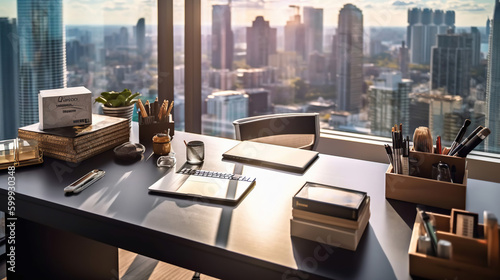 Modern office workstation with supplies and copy space on stylish table over blurred skyscraper. Al generated