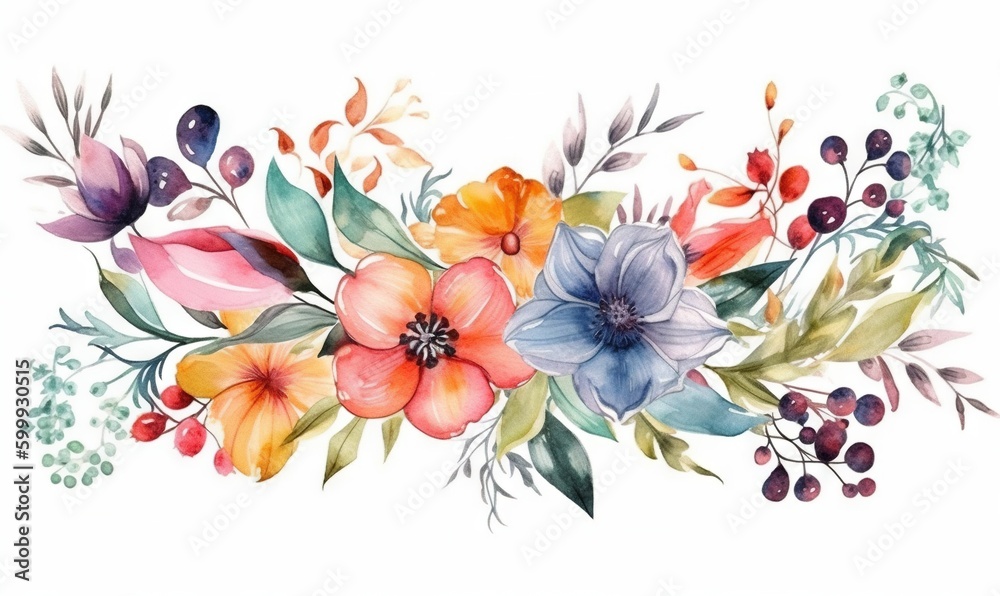  a watercolor painting of flowers and leaves on a white background.  generative ai