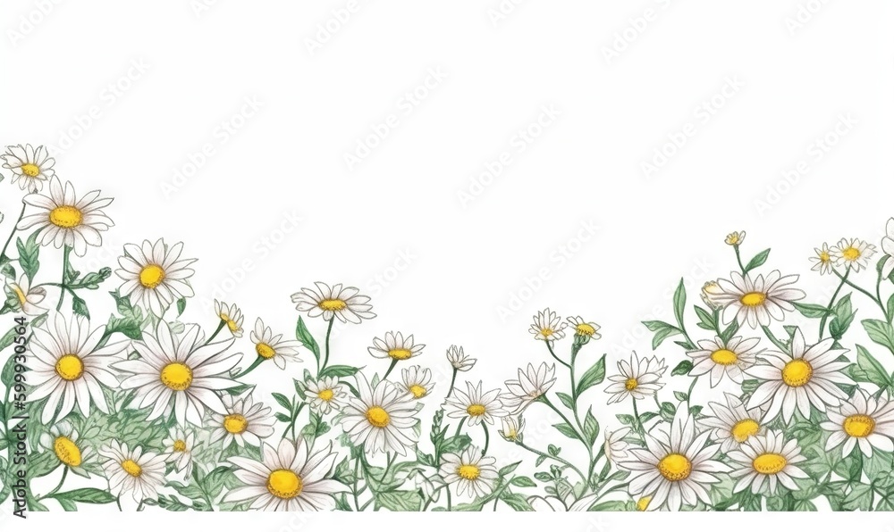  a field of daisies with green leaves and yellow centers.  generative ai