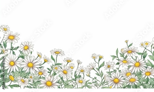  a field of daisies with green leaves and yellow centers.  generative ai © Olga