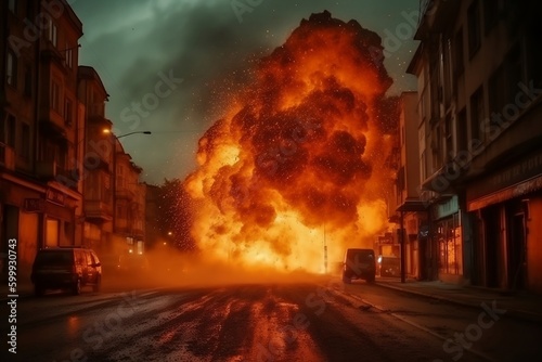 Gas Explosion or fire in the city, intensive smoke in the center around the buildings. Accident Impact of nuclear radiation war apocalypse catastrophe concept by mushroom hydrogen bomb. Generative AI.