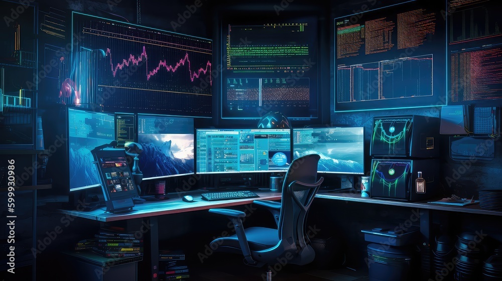 Stock trader desk, day trader sitting on his desk, stock trader workstation, serious stock trader, cryptocurrency trader, corporate stock trader, wall street trader, 