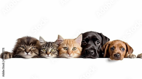 Dogs and cats peeking over web banner isolated white background. Al generated