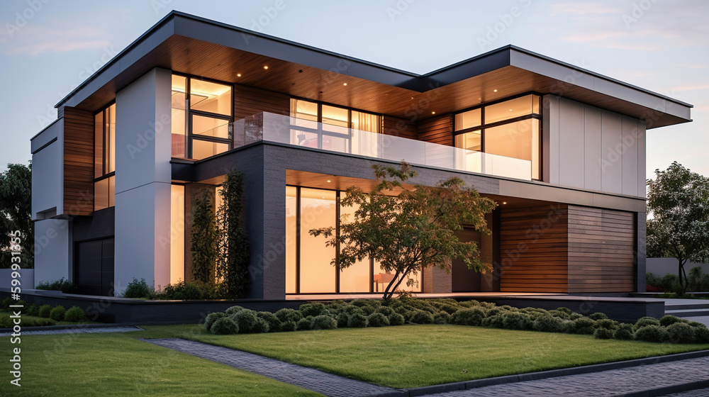 Modern two-storey house with a flat roof and large windows, generative ...