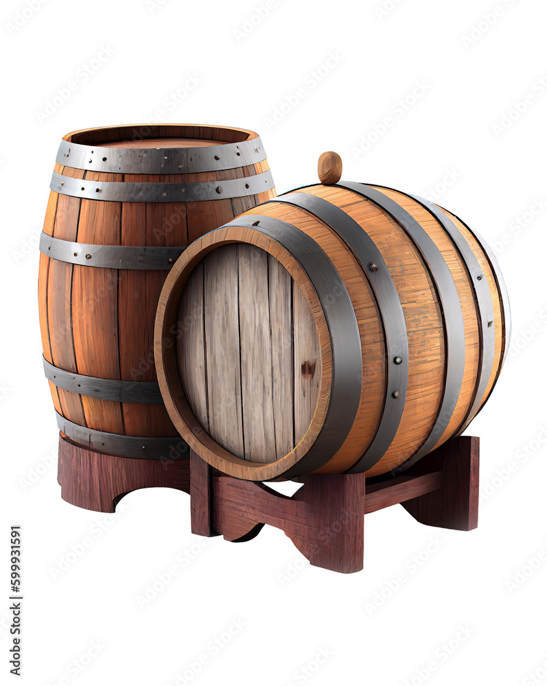 Two wooden barrels isolated on transparent background, created with generative AI
