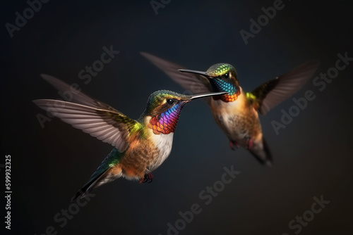 Animal, wildlife and nature concept. Colorful and beautiful close-up view of two flying hummingbirds. Generative AI