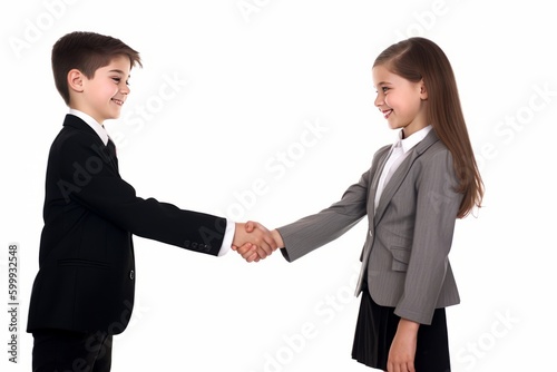 Business children shaking hands. Concept: Business starts early. Generative AI