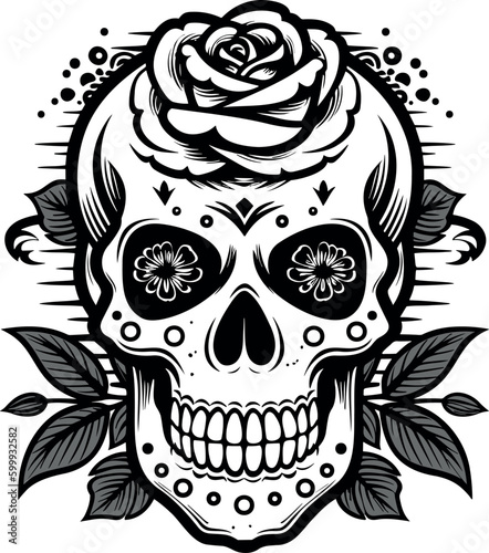 skull and rose icon in black and white