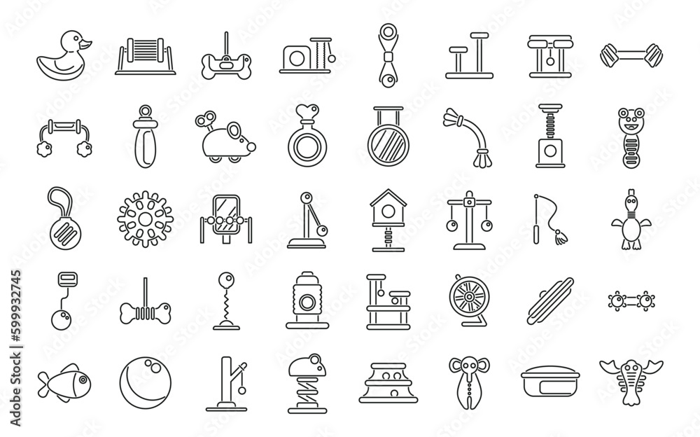 Pet toys icons set outline vector. Cat animal. Friend house Pet toys icons set outline vector. Cat animal. Friend house
