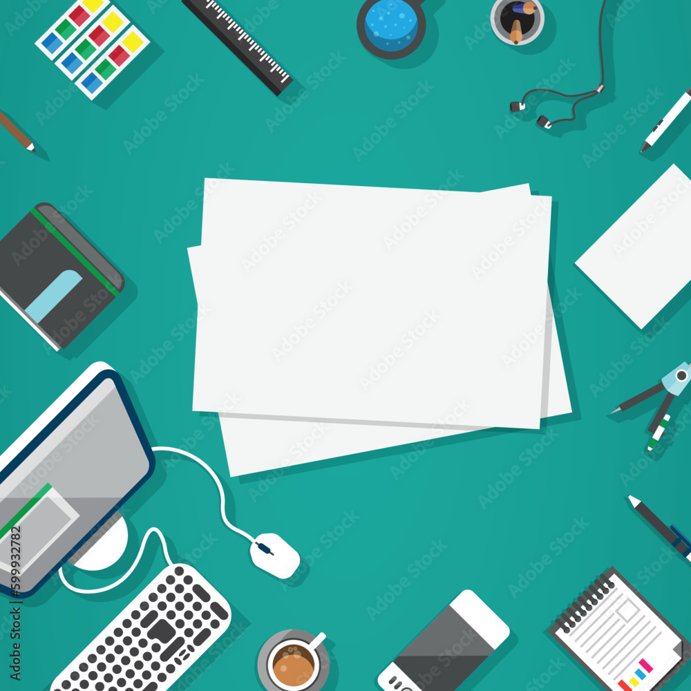Office workplace top view. Illustration of modern business office or workspace in flat style. Template infographic or advertising banner concept. Copy space.