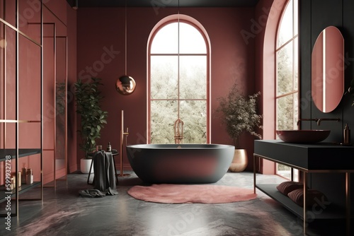 High-end luxurious bathroom with freestanding bathtub  armchair and single vanity with marble accents