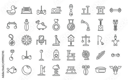 Pet toys icons set outline vector. Cat animal. Friend house