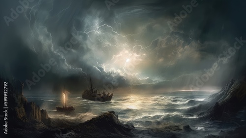 storm over the sea with clouds and boat ai generative
