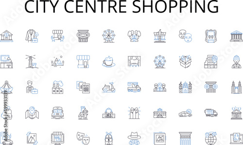 City centre shopping line icons collection. Cleaning, Sanitation, Disinfection, Maintenance, Hygiene, Sweeping, Mopping vector and linear illustration. Scrubbing,Dusting,Vacuuming outline signs set