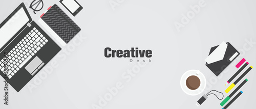 Office workplace top view. Illustration of modern business office or workspace in flat style. Template infographic or advertising banner concept. Copy space.