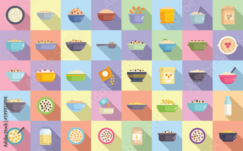 Breakfast cereal icons set flat vector. Granola snack. Bar cereal