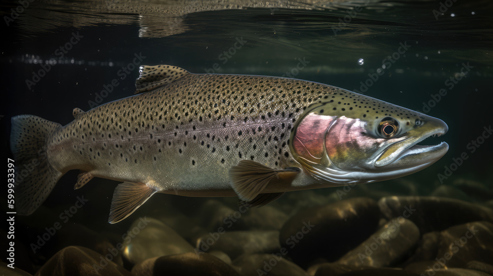 Close up of Rainbow Trout swimming underwater by generative AI Close up of Rainbow Trout swimming underwater by generative AI