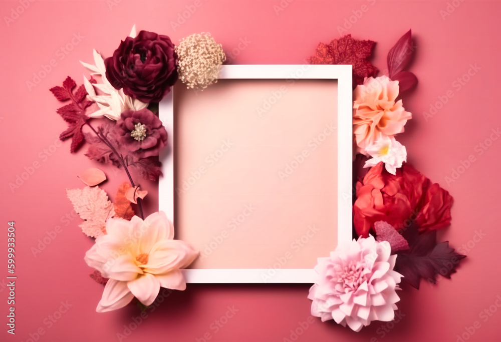a white frame and flowers on a pink background