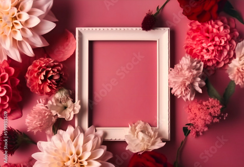 a white frame and flowers on a pink background