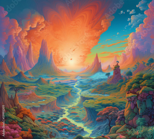 A colorful psychedelic landscape with mountains and a river Generative Ai