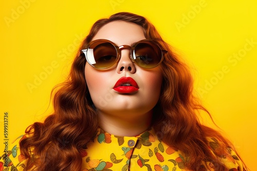 Portrait of Beautiful Full Figured Woman in Sunglasses on a Yellow Background with Room for Copy (Generative AI)