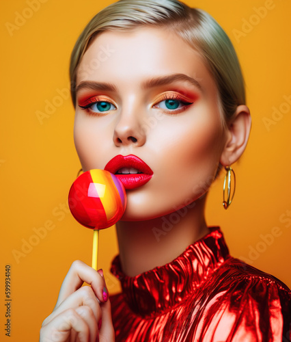 A model with big candy wearing luxury expensive posh golden earrings, studio portrait. AI-generated image