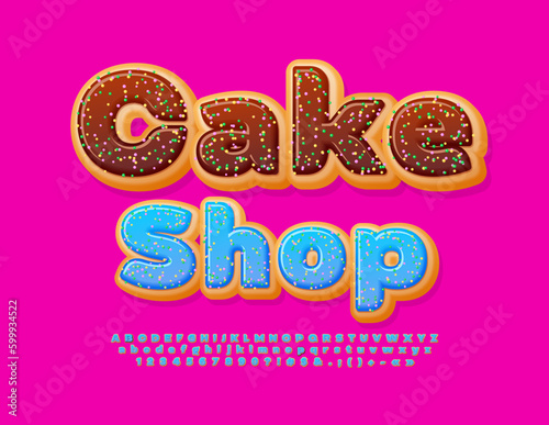 Vector tasty logo Cake Shop with Glazed Donut Font. Creative Alphabet Letters and Numbers