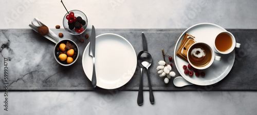 breakfast and lunch plate arrangement with coffee and food