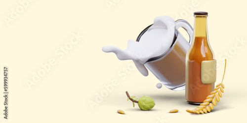 Natural beer in glass mug and bottle. Alcoholic drinks made from hops and wheat. 3D illustration for advertising, banner. Beer made from quality malt. Frothy cooling drink in realistic glassware