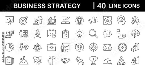 Business strategy set of web icons in line style. Business solutions icons for web and mobile app. Action List, research, solution, team, marketing, startup, advertising, business process, management