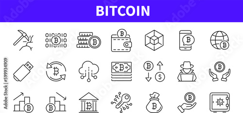 Bitcoin set of web icons in line style. Cryptocurrency icons for web and mobile app. Blockchain, crypto ICO, start up, crypto coins, mining, exchange, payment, blockchain. Vector illustration