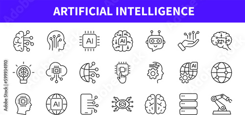 Artificial intelligence set of web icons in line style. AI technology icons for web and mobile app. Machine learning, digital AI technology, algorithm, smart robotic and cloud computing network
