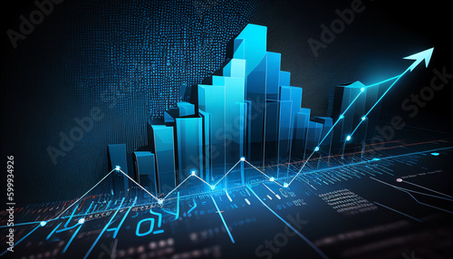 Blue finance chart diagram with rising arrow, Generative AI photo