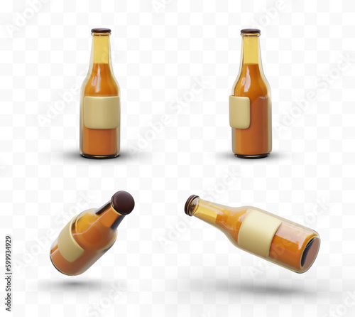 Set of 3d images of beer bottles. Projection from different sides. Realistic glass container with unlabeled alcoholic drink. Blank for advertising beer, brewing. Glossy closed bottles with liquid