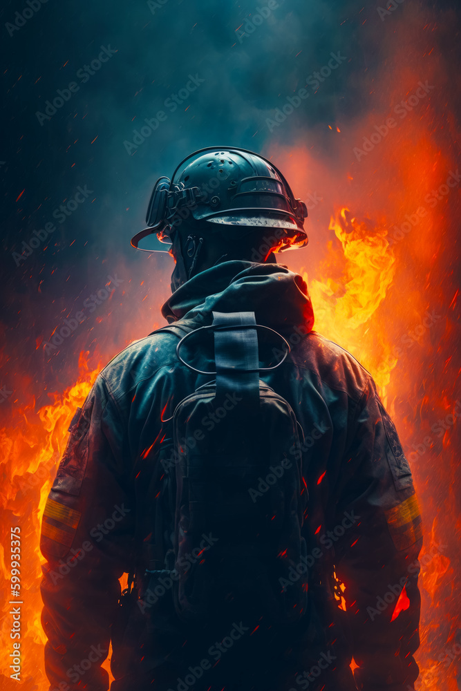 Firefighter standing in front of fire with his back to the camera. Generative AI.