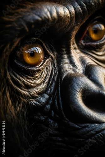 Close up of monkey's face with very large yellow eyes. Generative AI. © Yuliia