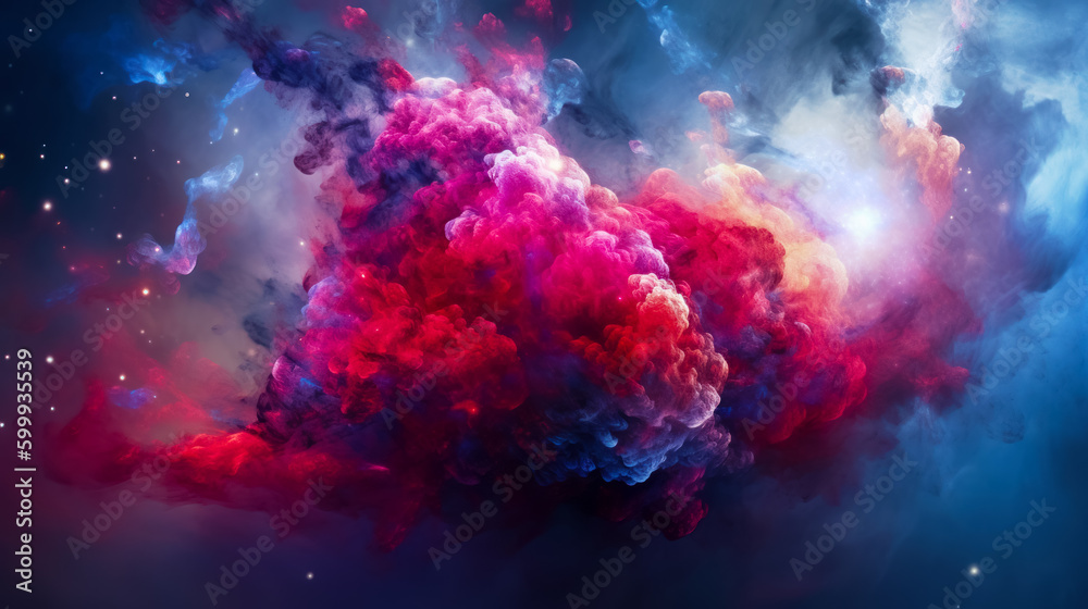 Colorful cloud of smoke floating in the air on black background with blue sky in the background. Generative AI.