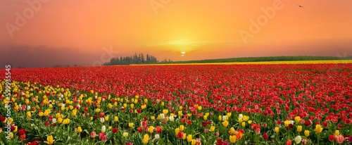 A panorama image at sunrise of tulip fields near Woodburn, Oregon