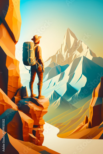 Man with backpack standing on top of mountain looking at the mountains. Generative AI.