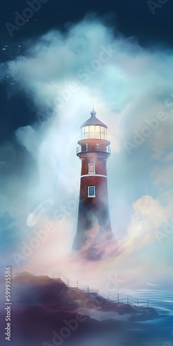 Image of lighthouse in the clouds with blue sky in the background. Generative AI.