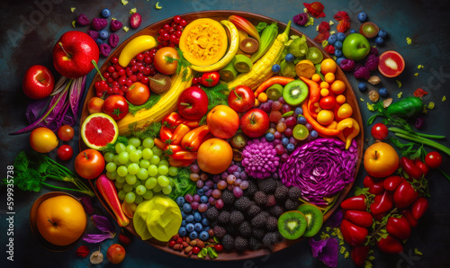 Plate filled with lots of different types of fruits and veggies. Generative AI.
