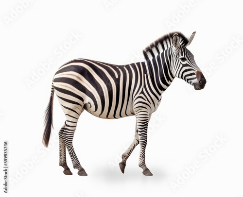 Zebra standing on white surface with its head turned to the side. Generative AI.
