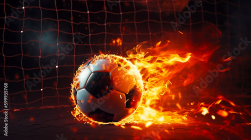 Soccer ball is in the middle of fireball on soccer field. Generative AI. © Yuliia