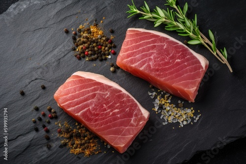 Two succulent tuna steaks seasoned with herbs, salt and spices on a slate slab. Bring the flavours of the Mediterranean to your table with this AI generative dish