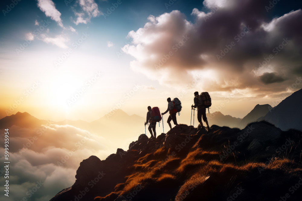 Group of people hiking up mountain with backpacks on top of it. Generative AI.