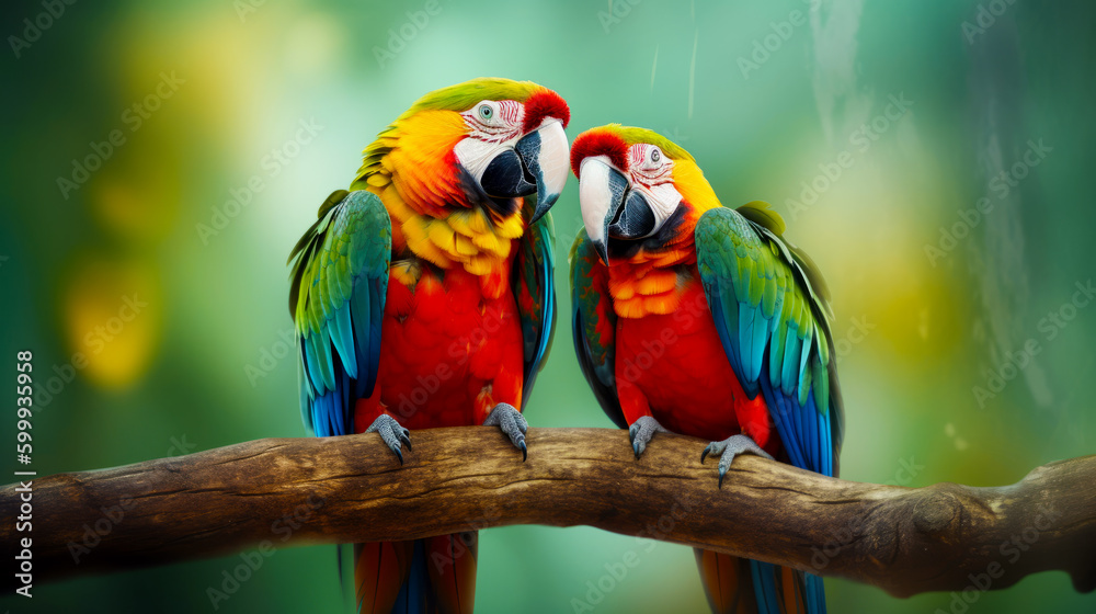 Two colorful parrots sitting on tree branch with green and yellow background. Generative AI.