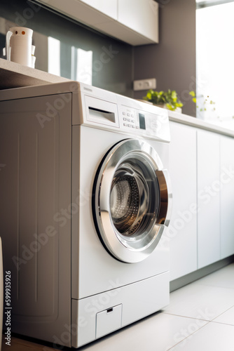 Washing machine sitting in kitchen next to dryer and cabinets. Generative AI.